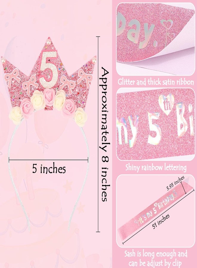 SuPoo 5th Birthday Decorations for Girl Pink Bow 5th Birthday Sash and Headband Crown for Girls Glitter Hair Band for Party 5 Year Old Flower Princess Tiara Hair Accessory Outfit Gift - Image 5